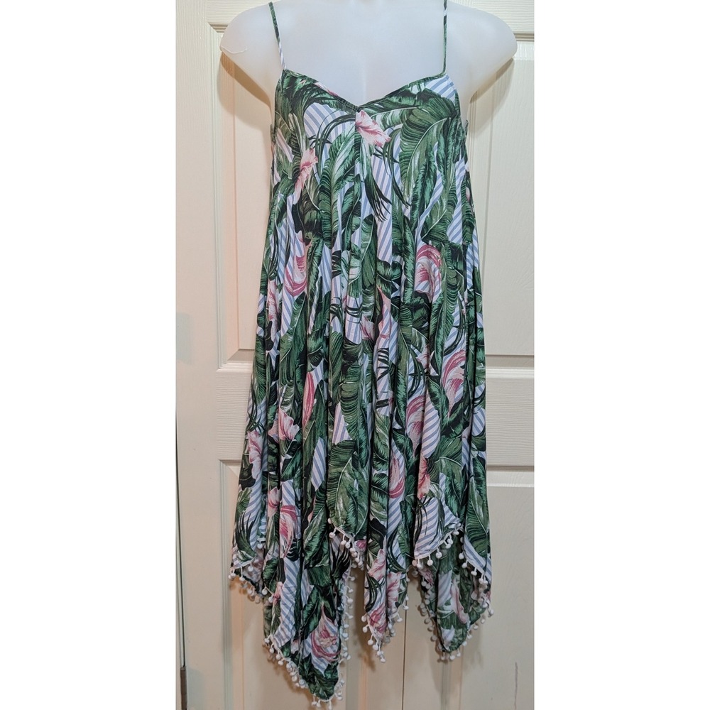 Japna Tropical Palm Print Pom Pom Trim Handkerchief Dress XL Boho Beach Cover-Up